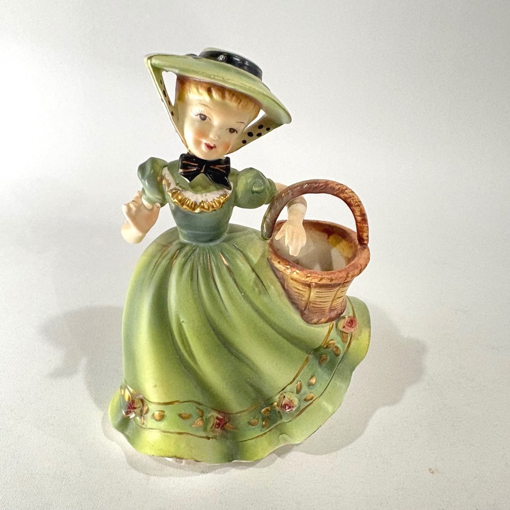 Vintage Napco Ceramic Figurine Planter B3334 Green Dress Lady Japan 1950s